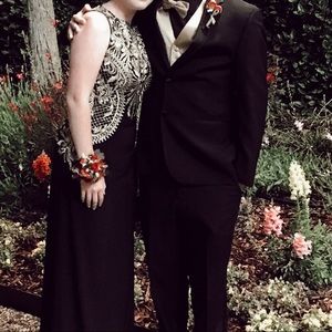 Embroidered Black/Gold Prom Dress